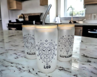 Zodiac Sign Glass Tumbler | Iced Coffee Cup | Horoscope Glass Can | Glass Tumbler with Straw and Lid | Astrology Gift | Birthday Gift