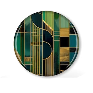 May include: A round, decorative plate with a geometric design in shades of green, gold, and black. The design features a series of overlapping squares and circles, creating a modern and abstract look.