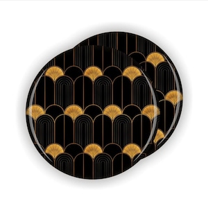 Art Deco Coaster Set, Black and Gold Retro Pattern Coasters