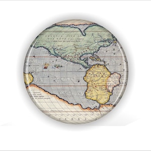 May include: A round, antique-style map of the world, featuring North and South America, with detailed cartography and text. The map is in shades of beige, blue, and yellow, with a glossy finish. The map is a decorative item.