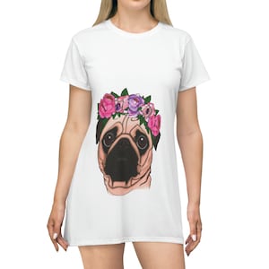 A pug wearing a flower crown T-Shirt Dress (AOP)