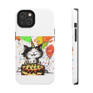 Happy cat with his birthday cake Tough Phone Cases