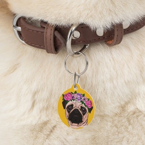 A pug wearing a flower crown Pet Tag