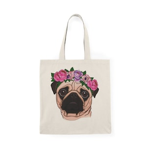 A pug wearing a flower crown Natural Tote Bag
