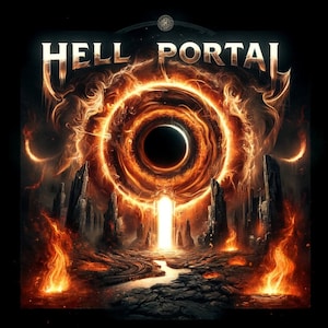 May include: A fiery orange and black circular portal with the text "HELL PORTAL" above it. The portal is surrounded by a dark, rocky landscape with flames erupting from the ground.