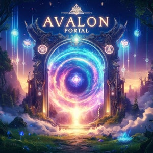May include: A fantasy-themed illustration of a swirling, colorful portal in a stone archway. The portal is surrounded by glowing orbs and a path leads to it. The text "AVALON PORTAL" is above the archway.