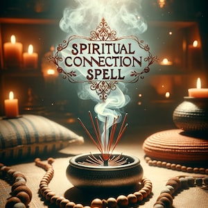 May include: A dark brown incense burner with smoke rising from it. The smoke forms the words "Spiritual Connection Spell" in a decorative font. The burner is surrounded by candles and other objects.