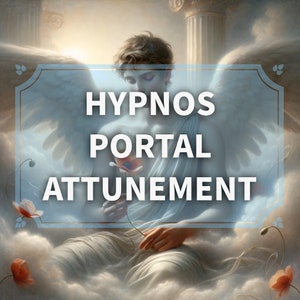 Peut inclure: Une illustration numérique d'une figure ailée tenant une fleur rouge, avec le texte "HYPNOS PORTAL ATTUNEMENT" dans un cadre bleu.