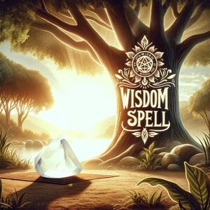 Puede incluir: Un objeto de cristal se encuentra sobre una superficie marrón frente a un gran árbol con las palabras "Wisdom Spell" y un diseño circular con las palabras "Wisdom Will Make You Free" en el centro.