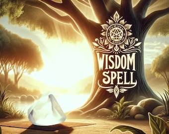 May include: A crystal-like object sits on a brown surface in front of a large tree with the words "Wisdom Spell" and a circular design with the words "Wisdom Will Make You Free" in the center.