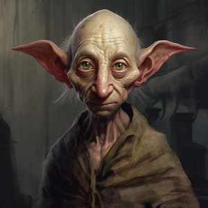 Puede incluir: Un retrato de primer plano de un personaje ficticio con orejas grandes y puntiagudas, piel pálida y una expresión seria. El personaje lleva una túnica marrón con capucha.