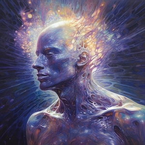 May include: A digital painting of a person's head and shoulders. The person's skin is a vibrant blue with a swirling, galaxy-like pattern. The person's hair is a burst of light and energy.