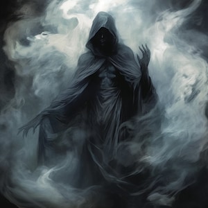 May include: A hooded figure in a dark robe stands in a swirling cloud of smoke. The figure's face is obscured by the hood, but their hand is raised in a gesture of power.