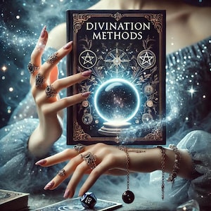 Könnte beinhalten: Die Hände einer Frau halten ein Buch mit dem Titel "Divination Methods" mit einer Kristallkugel darauf. Das Buch hat einen dunkelblauen Einband mit goldenen Verzierungen und Illustrationen von Pentagrammen und Blumen. Die Kristallkugel leuchtet blau und hat ein galaxieartiges Muster im Inneren.