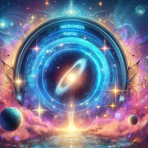 Könnte beinhalten: Digitales Kunstwerk, das ein kosmisches Portal mit der Aufschrift "ANDROMEDA PORTAL" zeigt. Das Portal wird von einer kreisförmigen Struktur mit komplizierten Designs umrahmt, die von wirbelnden Nebeln in Blau-, Lila- und Orangetönen umgeben ist. Zwei Planeten und zahlreiche Sterne sind sichtbar.