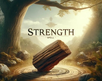Könnte beinhalten: Ein künstlerisches Bild eines Holzscheits auf einer kreisförmigen Steinplattform, mit den Worten "STRENGTH" und "SPELL". Die Szene spielt in einem Wald mit einem großen Baum und Sonnenlicht.