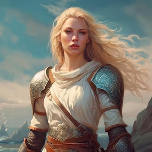Peut inclure: Une femme aux longs cheveux blonds flottants porte une tunique blanche avec une ceinture en cuir marron et une armure argentée. Elle se tient sur fond de ciel bleu et de côte rocheuse.