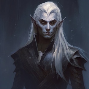 Puede incluir: Un retrato de un elfo de piel blanca con cabello largo y blanco, que lleva una prenda oscura, texturizada y con cuello. El elfo tiene orejas puntiagudas y penetrantes ojos azules.