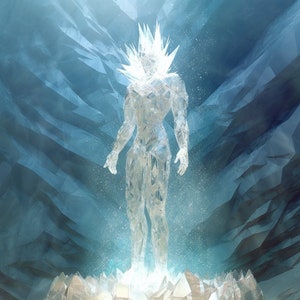May include: A digital illustration of a humanoid figure made of ice, standing on a crystalline base. The figure has a spiky crown and is surrounded by a blue, icy environment. The artwork has a fantasy theme.