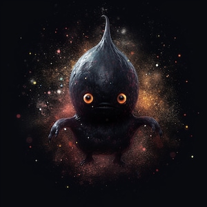 May include: A black, cartoon-like creature with a pointed head and large, orange eyes. The creature is surrounded by a burst of colorful dust.