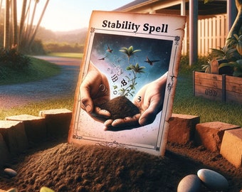 May include: A vintage-style card with the text "Stability Spell" on it. The card depicts a pair of hands holding a small plant with dirt around the roots. The background is a dark blue sky with white swirling letters and numbers.