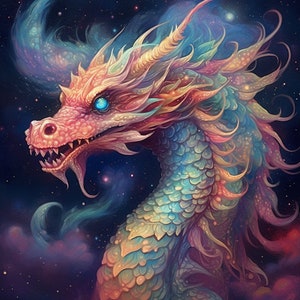 May include: A colorful, iridescent dragon with blue eyes, set against a dark blue background with swirling nebulae. The dragon's scales are a mix of pink, green, and blue, and its mane is a vibrant orange.