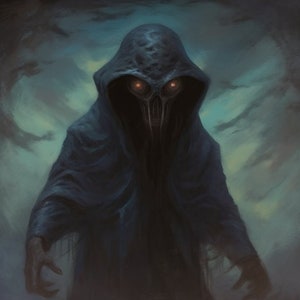May include: A shadowy figure with glowing red eyes, wearing a dark blue hooded robe, stands against a cloudy background.