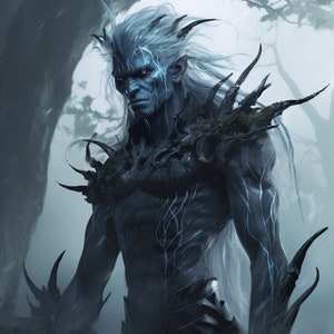 May include: A fantasy creature with white hair and blue skin, wearing a dark, spiky armor with a mossy texture. The creature has pointed ears and horns, and red eyes.