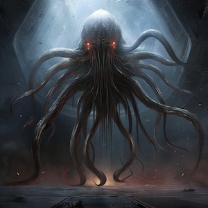 May include: A dark, shadowy, multi-tentacled creature with glowing red eyes stands in a dark, industrial setting. The creature's tentacles are long and thin, and its body is covered in a dark, slimy substance.