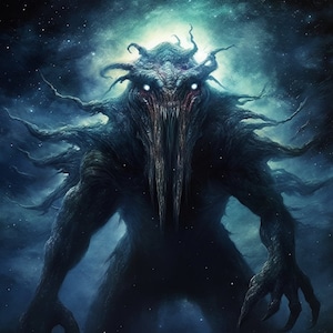 May include: A dark, shadowy creature with glowing red eyes and a long, thin mouth. The creature is surrounded by a starry sky.