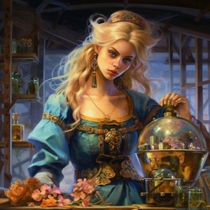 May include: A woman with long blonde hair wearing a blue and gold dress and a gold crown, holding a glass dome with a brass base and a variety of dried flowers and herbs inside.