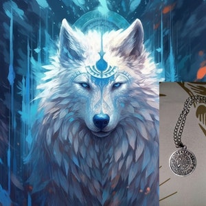 May include: A white wolf with blue eyes and a silver crown, set against a blue and white background. The wolf is looking directly at the viewer.