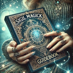 May include: A blue and gold book with the title "Sigil Magick Guidebook" on the cover. The book is decorated with intricate designs and a glowing blue circle in the center.