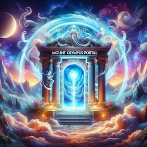 May include: A blue and white portal with a glowing light in the center. The portal is framed by a white archway with the text "MOUNT OLYMPUS PORTAL" above it. The portal is surrounded by clouds and a starry sky.