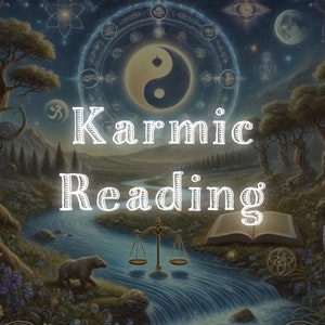 以下が含まれることがあります： シンボルで囲まれた陰陽のシンボルのデジタルイラスト。画像は、星、月、木のある夜空を背景に配置されています。「Karmic Reading」というテキストが、画像の上部に白い文字で書かれています。正義の天秤が画像の前景にあります。