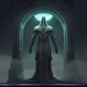 Puede incluir: Una gran figura de piedra con capucha se encuentra en una puerta arqueada oscura. La figura está iluminada por una suave luz azul desde arriba. La figura lleva una larga túnica fluida.