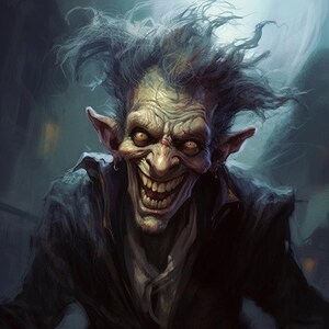 May include: A close-up of a goblin with a mischievous grin, pointed ears, and wild, dark hair. The goblin is wearing a dark, tattered jacket and a white shirt.