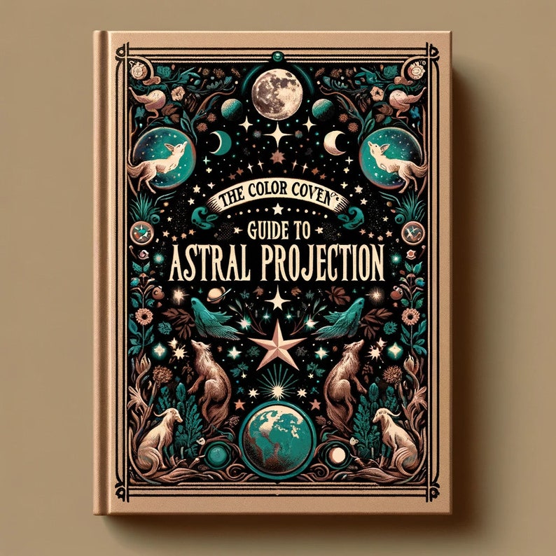 Puede incluir: Una portada de libro con fondo dorado y una ilustraci&oacute;n en turquesa y oro de una escena celestial. El t&iacute;tulo del libro es "The Color Coven's Guide to Astral Projection".
