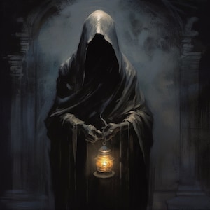 May include: A hooded figure stands in a dark, shadowy doorway, holding a lantern with a warm, glowing light. The figure is shrouded in darkness, with only the lantern illuminating their hands.