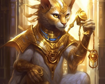 Puede incluir: Un gato blanco con joyas doradas y azules, que lleva una coraza dorada y sostiene un colgante dorado con una cadena.