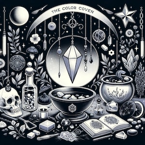 Op de afbeelding: Een zwart-witte illustratie van een heksenketel met een kristallen slinger die erboven hangt. De ketel is omringd door verschillende magische voorwerpen, waaronder een schedel, een boek en een kristallen bol. De tekst "THE COLOR COVEN" staat bovenaan de afbeelding.