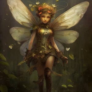 Könnte beinhalten: Eine Fee mit großen, durchsichtigen Flügeln, die ein grünes und braunes Kleid mit eingewebten Blättern und Blumen trägt. Sie hat eine Blumenkrone auf dem Kopf und ihre Flügel sind hinter ihr ausgebreitet.