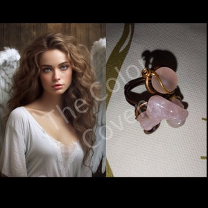 Könnte beinhalten: Ein Ring aus Draht, der um zwei rosafarbene Rosenquarzsteine gewickelt ist. Der Ring ist aus Messingdraht.