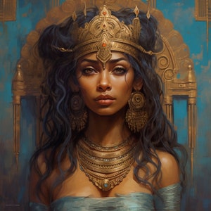 May include: A woman with long dark hair wears a gold crown and ornate jewelry. She is sitting on a throne with a blue background.