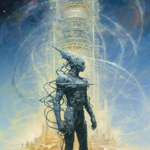 May include: A futuristic, metallic robot stands in front of a large, intricate structure. The robot is blue-grey and has a long, thin head with a pointed top. The structure is made of metal and has a complex design. The background is a light blue and white, with swirling lines and shapes.