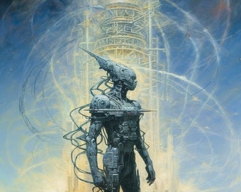 Puede incluir: Un robot futurista metálico se encuentra frente a una gran estructura intrincada. El robot es de color gris azulado y tiene una cabeza larga y delgada con una punta puntiaguda. La estructura está hecha de metal y tiene un diseño complejo. El fondo es de color azul claro y blanco, con líneas y formas que se arremolinan.