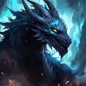 May include: A close-up of a blue and black dragon's head with glowing blue eyes. The dragon's scales are detailed and textured, and its mouth is open in a menacing snarl.