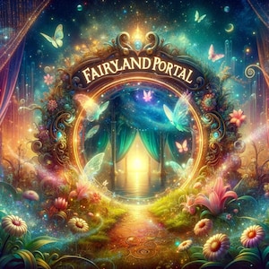 Puede incluir: Una ilustración caprichosa de un portal dorado con las palabras "Fairyland Portal" inscritas en él. El portal está rodeado de un exuberante bosque verde con luces brillantes y flores coloridas. La escena está llena de magia y maravilla.