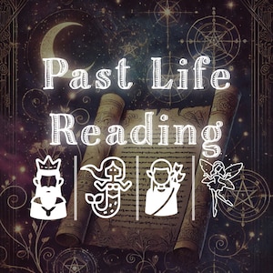 Puede incluir: Una ilustración de estilo vintage de una lectura de vidas pasadas con cuatro iconos: un rey, una sirena, un guerrero y un hada. El texto "Past Life Reading" está escrito en una fuente decorativa.