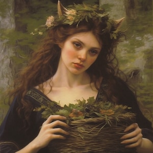 May include: A woman with long brown hair wears a crown of leaves and flowers with small horns. She holds a woven basket filled with green leaves and flowers.